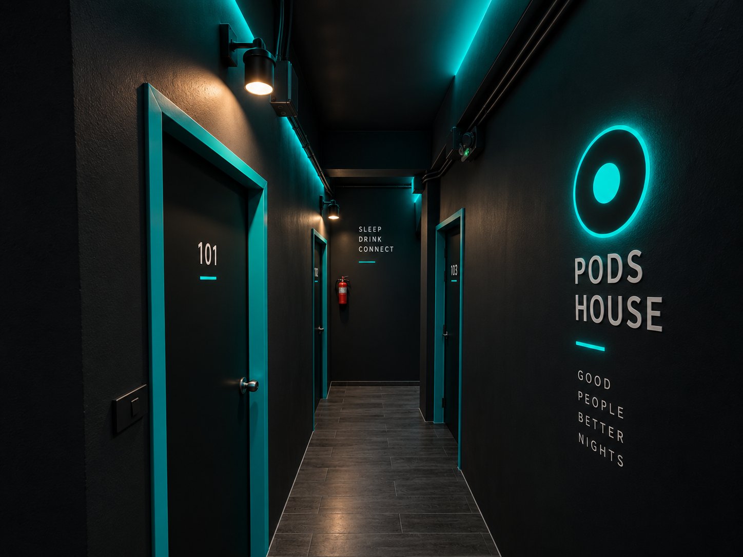 Neon-lit corridor of sleep pods at Pods House Chaweng
